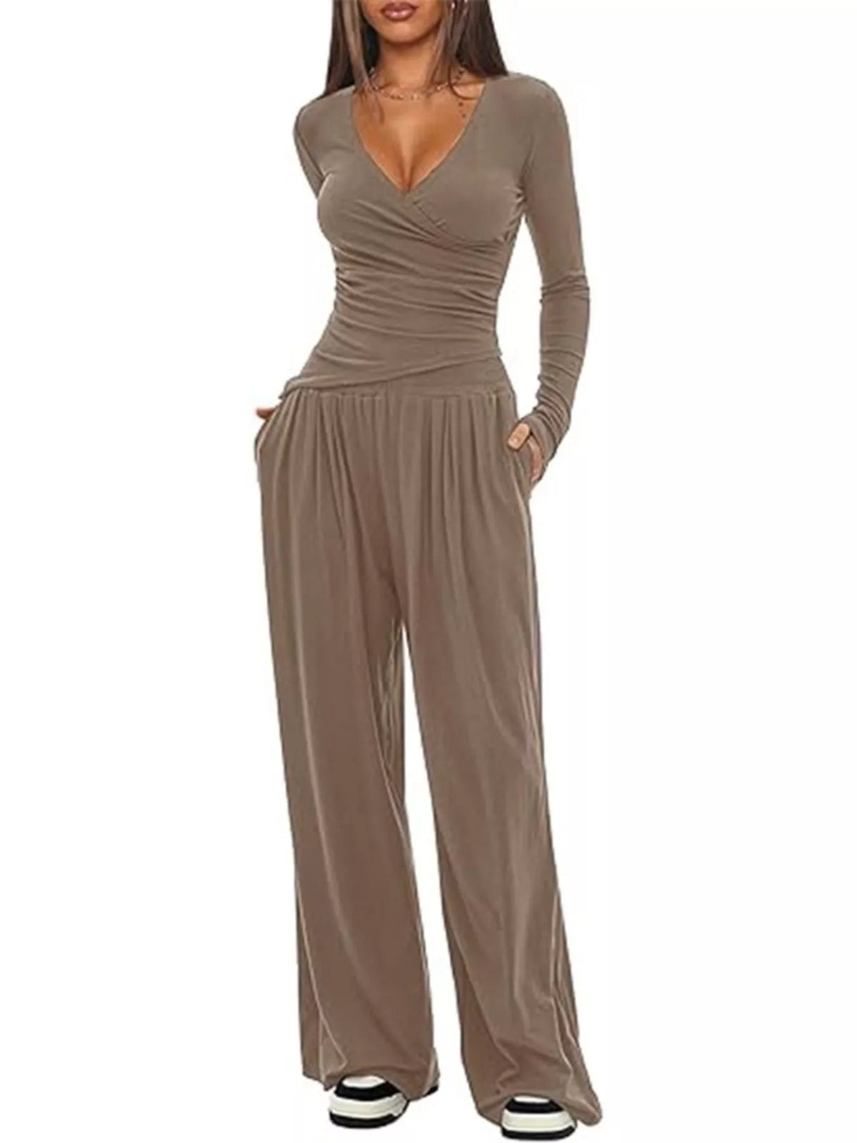 Casual Long Sleeve Top and Wide Leg Pants Set