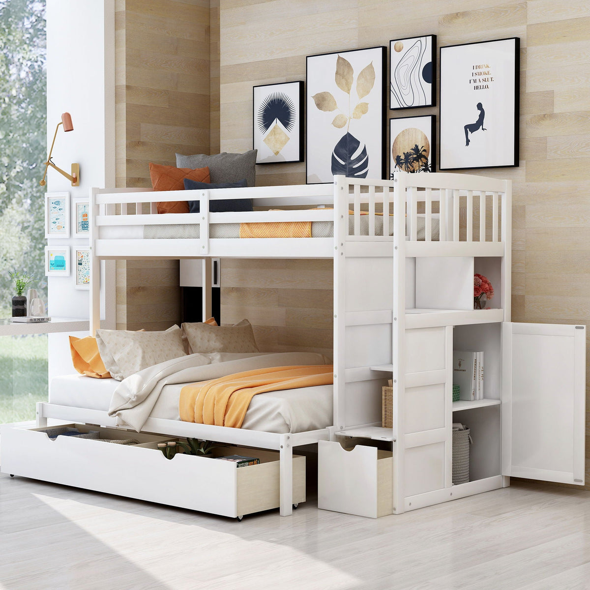 Convertible Twin Over Full Bunk Bed with Storage Shelves and Drawers - White or Dark Gray