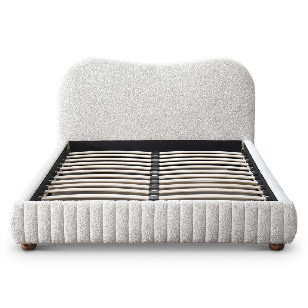 Queen Size Upholstered Low Profile Platform Bed with Boucle Fabric – Cream