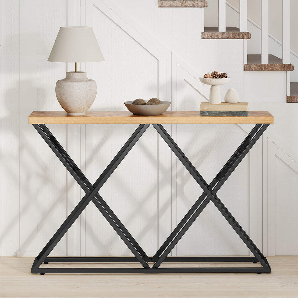 55 Inch Console Table with Solid Metal Frame and Storage-Wood