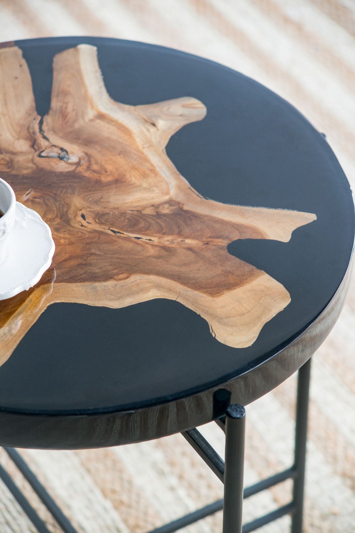 Black and Brown Side Table with Teak Root Wood and Iron Frame