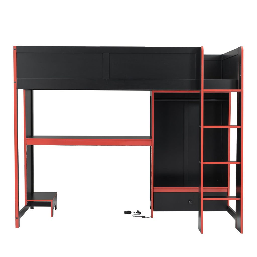 Gaming Loft Bed with Built-In Desk, Wardrobe & LED Lighting - Black
