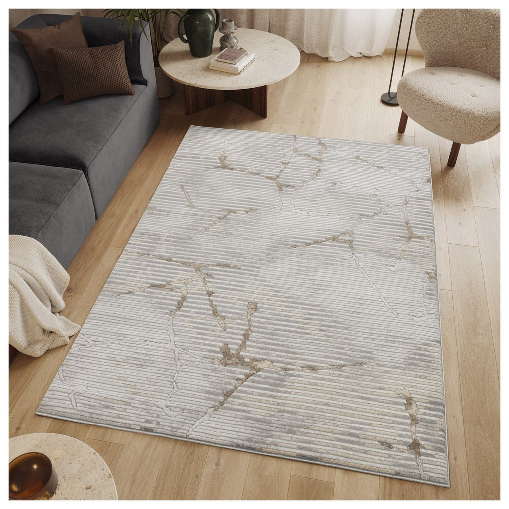 Geometric Area Rug with 3D Effect - Ivory / Gray