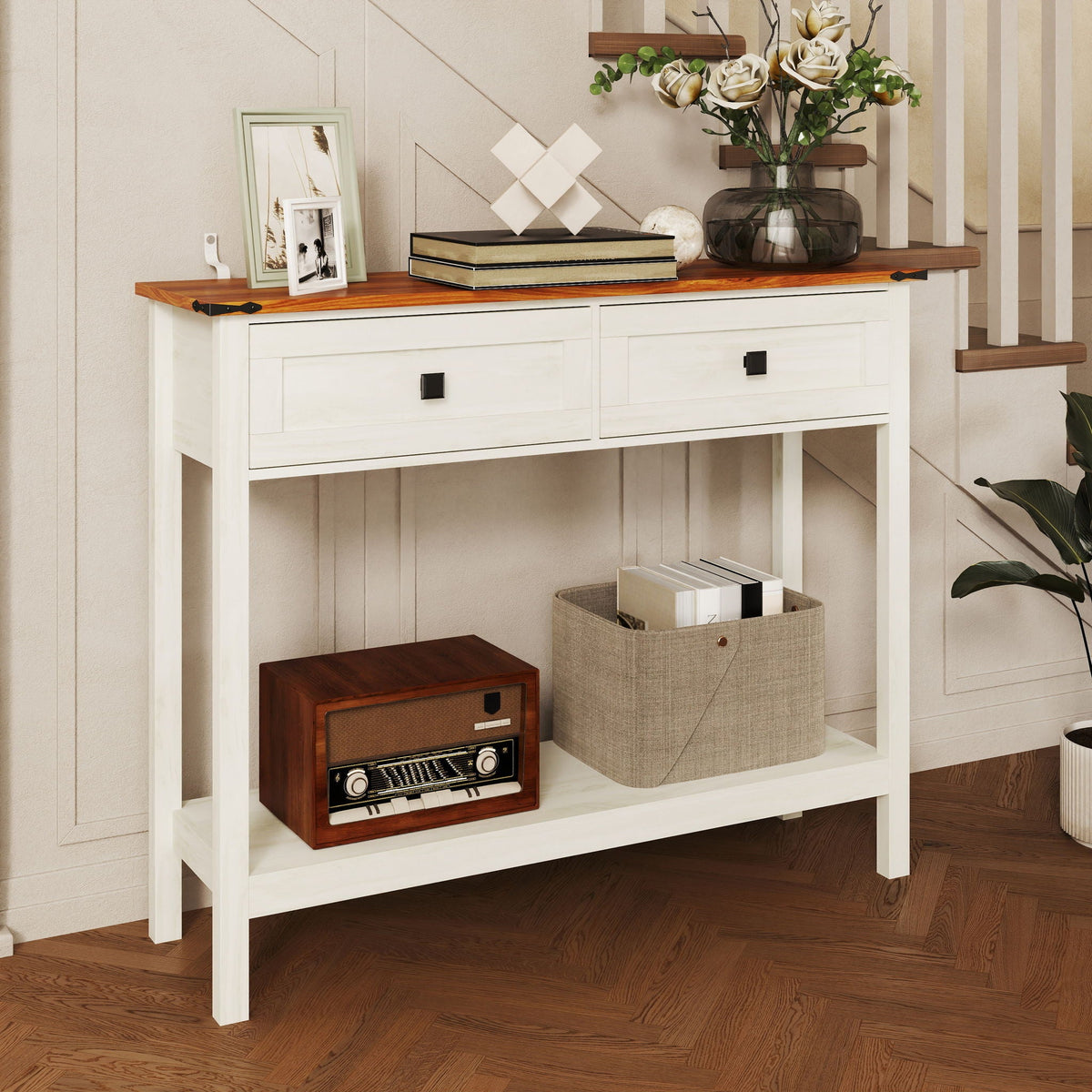 Farmhouse Style Console Table With 2 Drawers And Bottom Storage Shelf