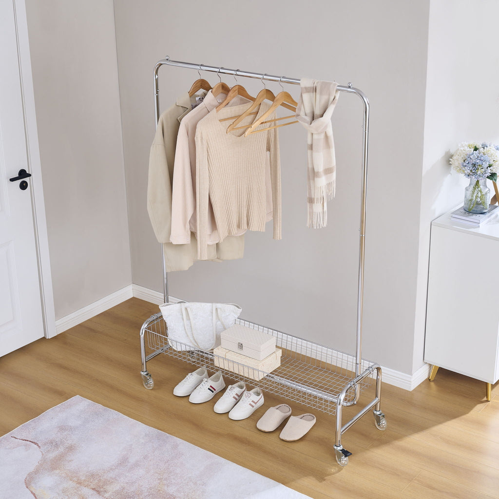 Heavy Duty Iron Garment Rack with Basket on Wheels - Silver