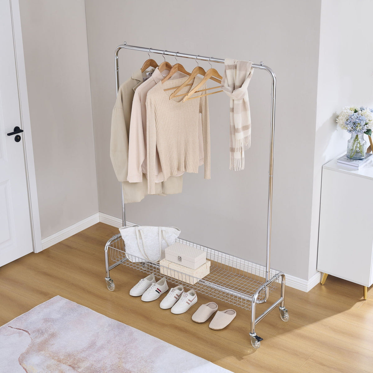 Heavy Duty Iron Garment Rack with Basket on Wheels - Silver
