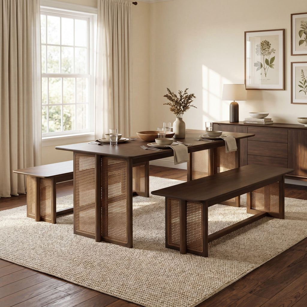 Walnut Rubber Wood Dining Set with Plastic Rattan Accents - Walnut