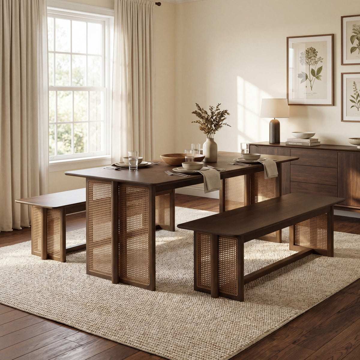 Walnut Rubber Wood Dining Set with Plastic Rattan Accents - Walnut