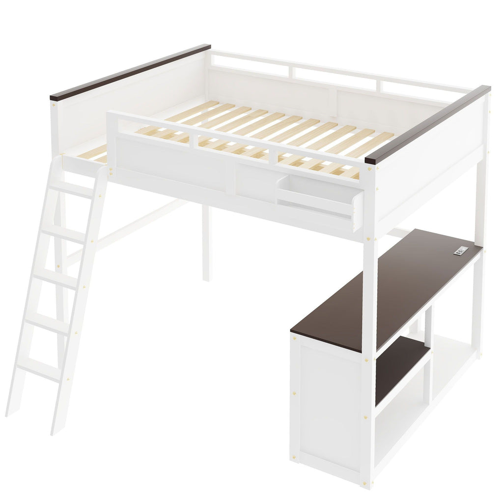Queen Size Loft Bed with Desk, Storage, and USB Charging Station - White