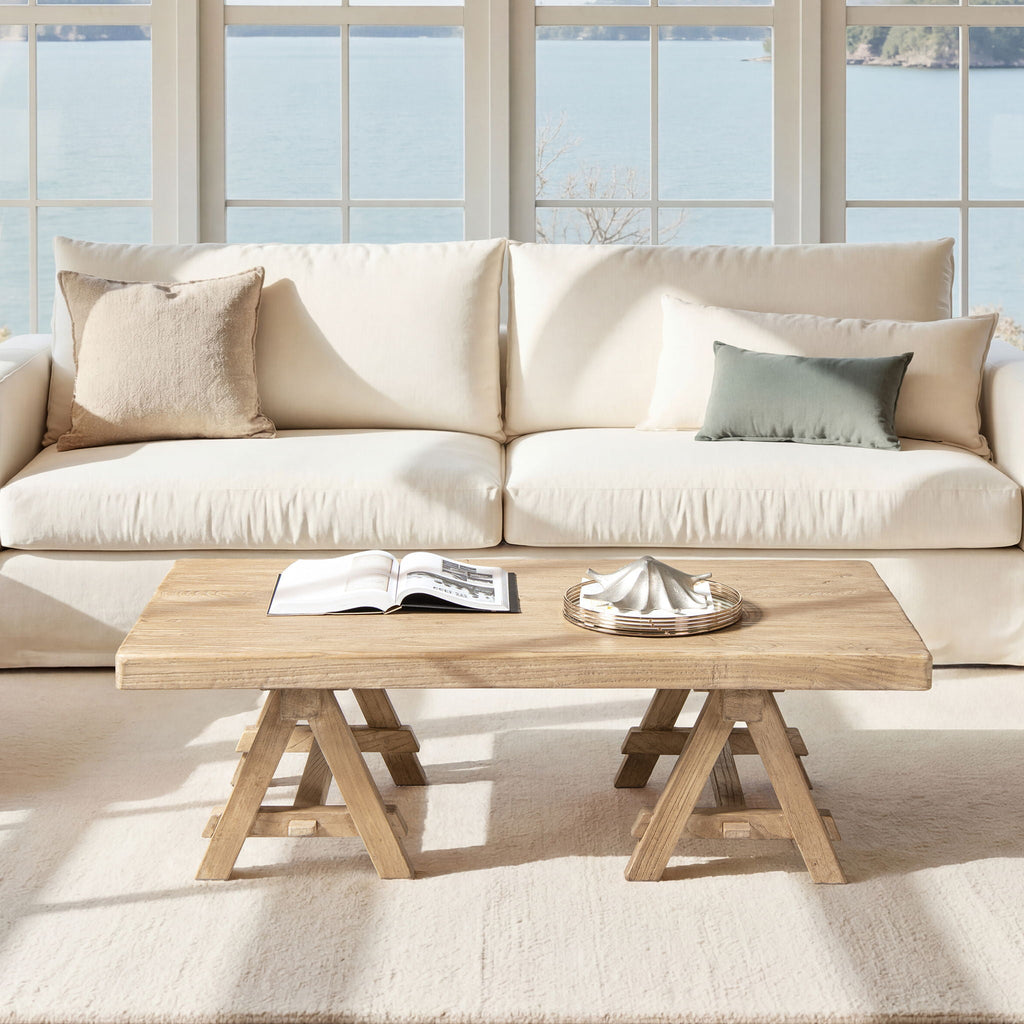 Trestle Coffee Table with Solid Reclaimed Elm Construction - Dark or Light Brown