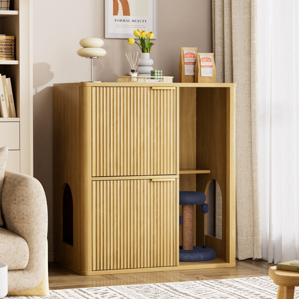 Light Wood Cat Litter Cabinet with Cat Tree