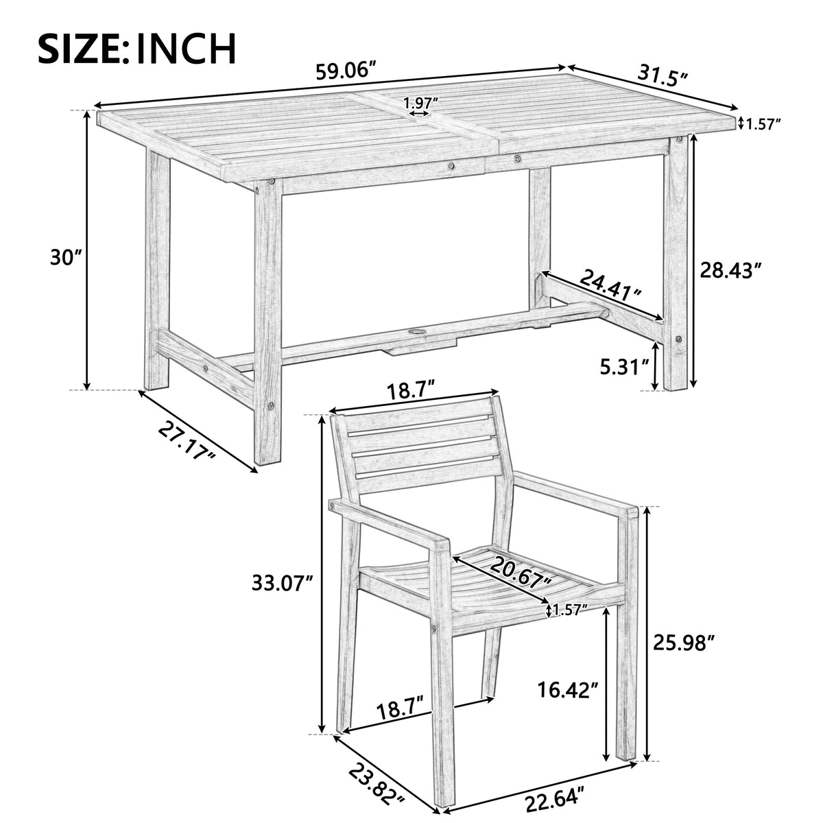 5-Piece Acacia Wood Outdoor Dining Set with Umbrella Hole