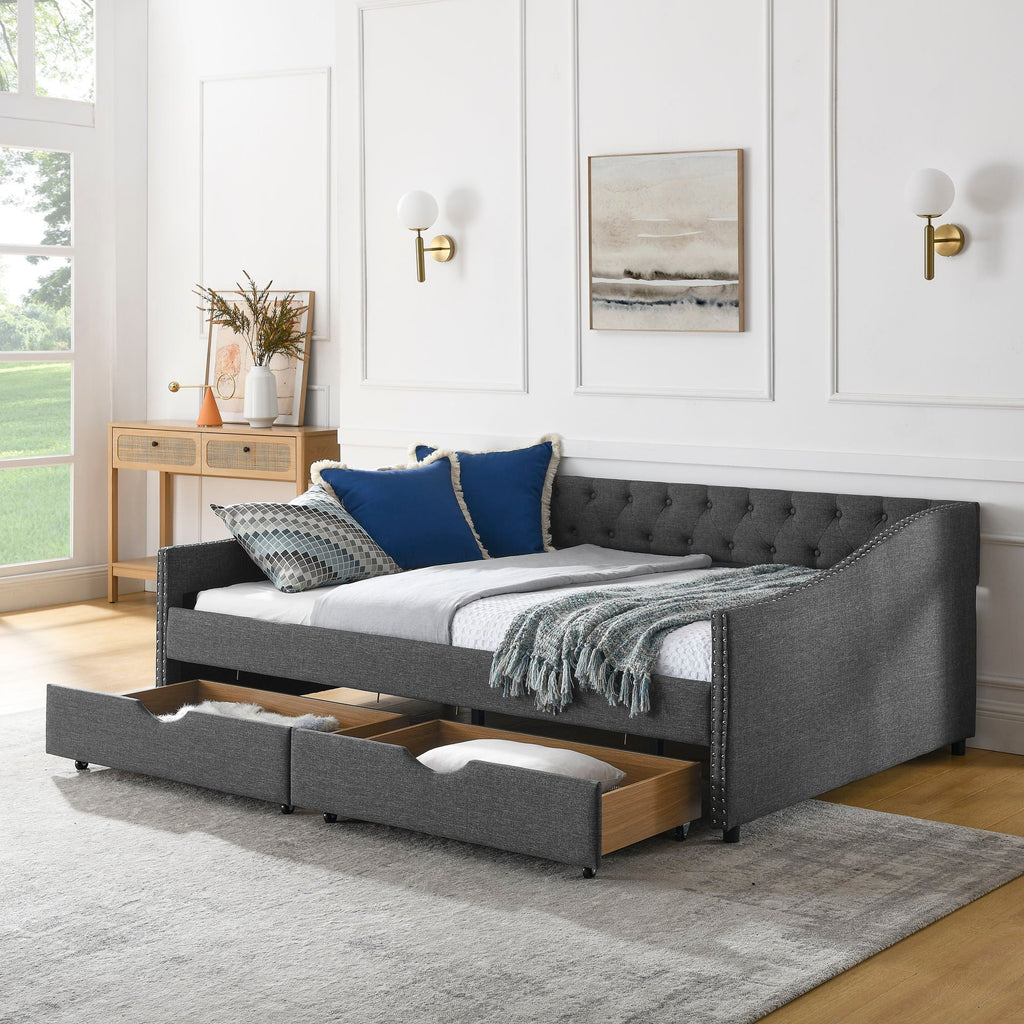 Upholstered Tufted Daybed with 2 Drawers and Waved Arms - Multiple Colors