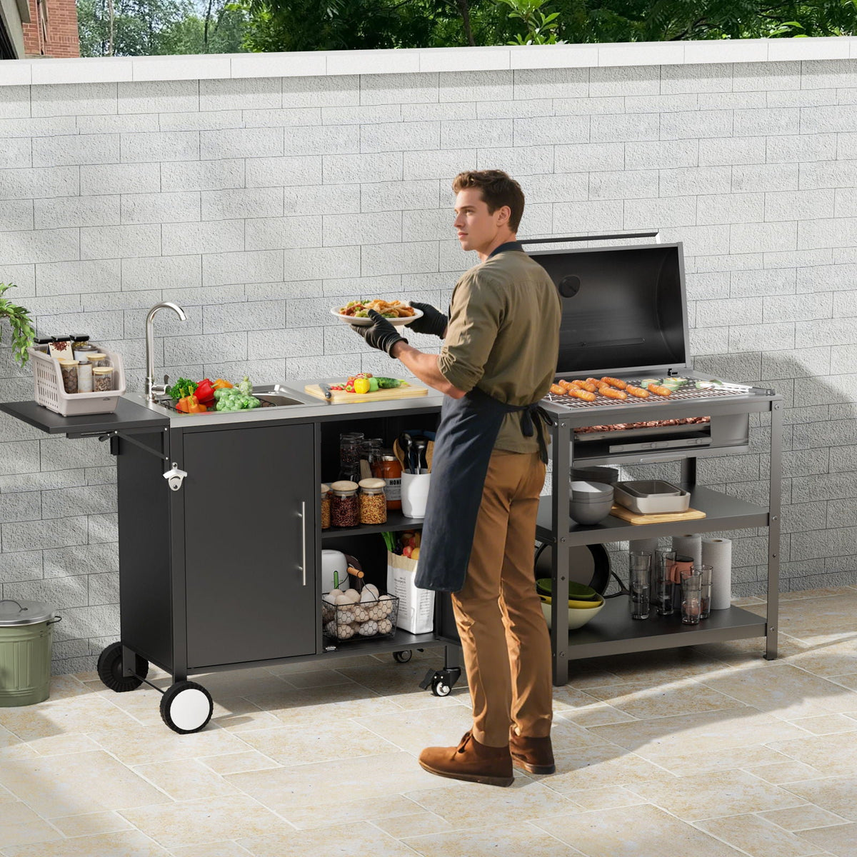 Outdoor Grill Table With Sink and Foldable Work Surface - Black