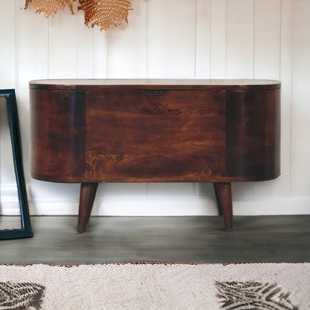 Solid Wood Light Rounded Lid-up Blanket Box with Mango Wood Construction - Light Walnut