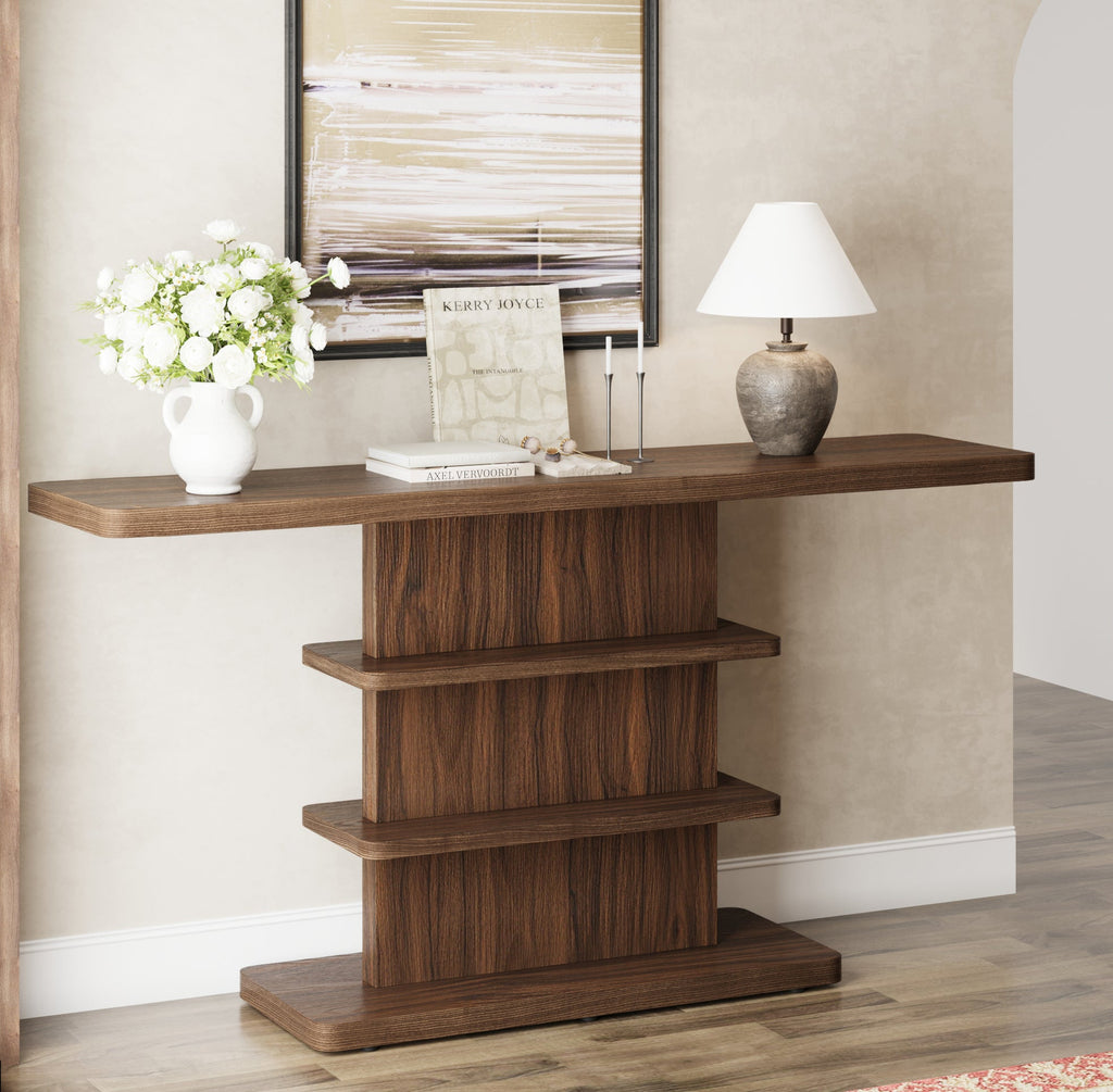 Vintage Narrow Console Table with 2 Tier Open Storage Shelves - Solid Wood Finish