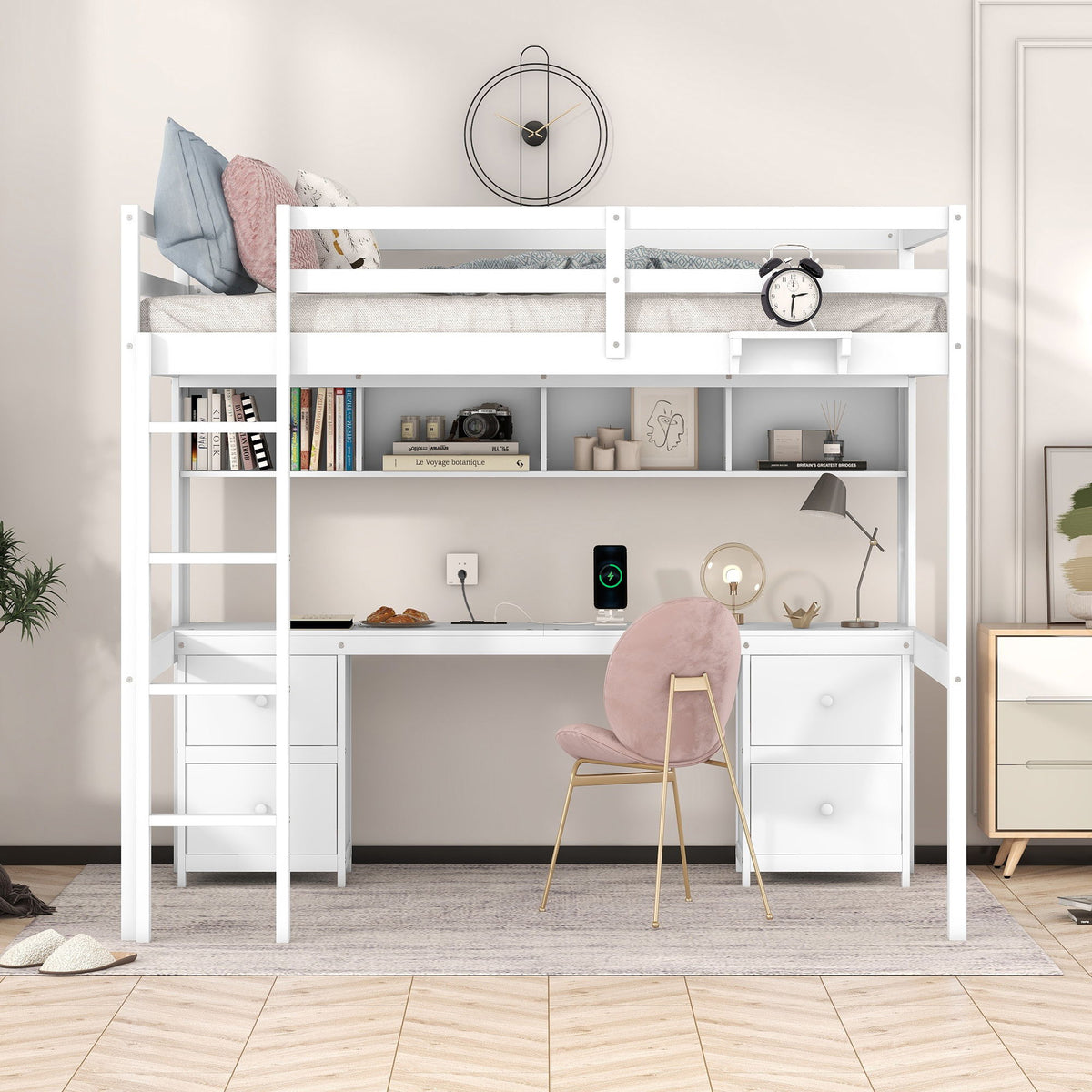 Loft Bed with Desk, Cabinets, Drawers and Charging Station - Full Size