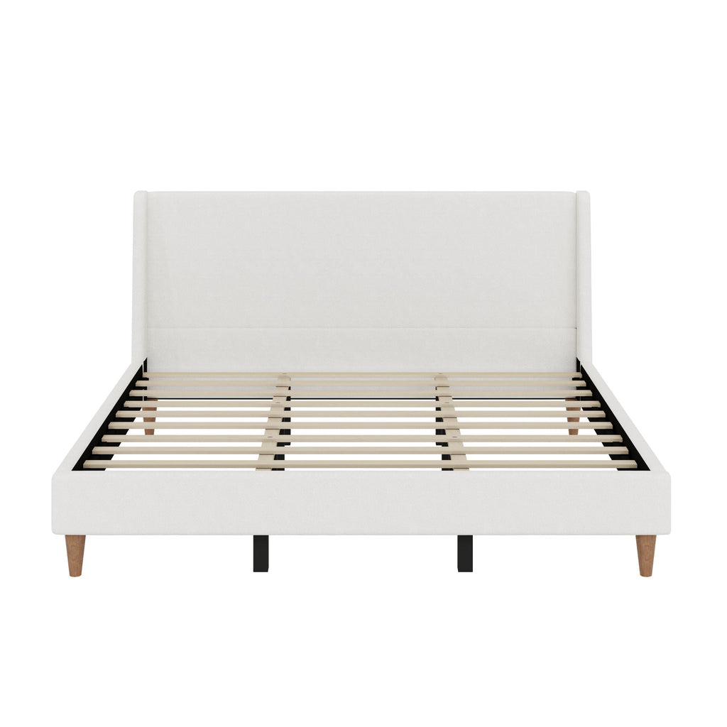 Upholstered Modern Platform Bed with Wingback Headboard - Beige or White