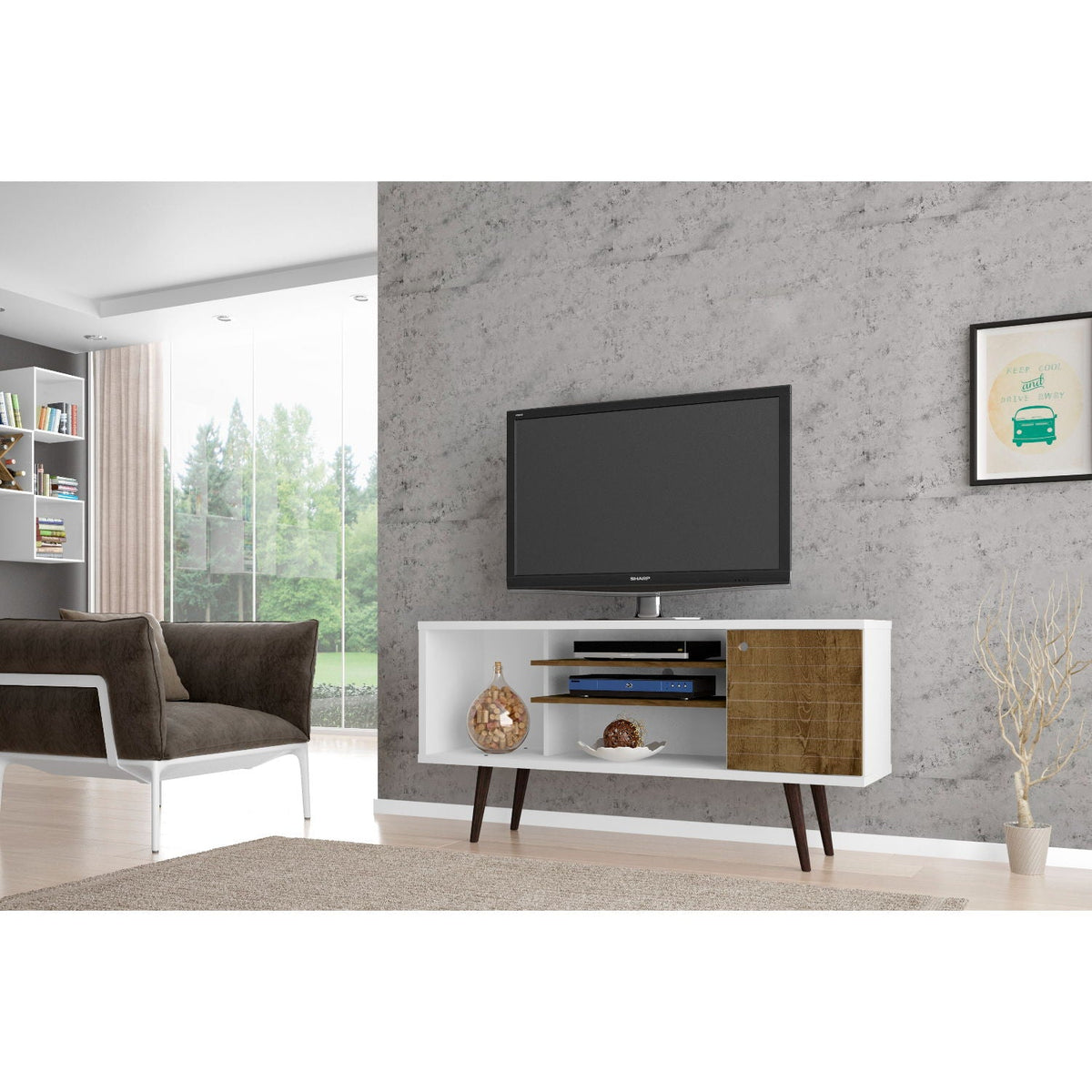 Smart Storage TV Stand with Solid Wood Legs - Multiple Colors