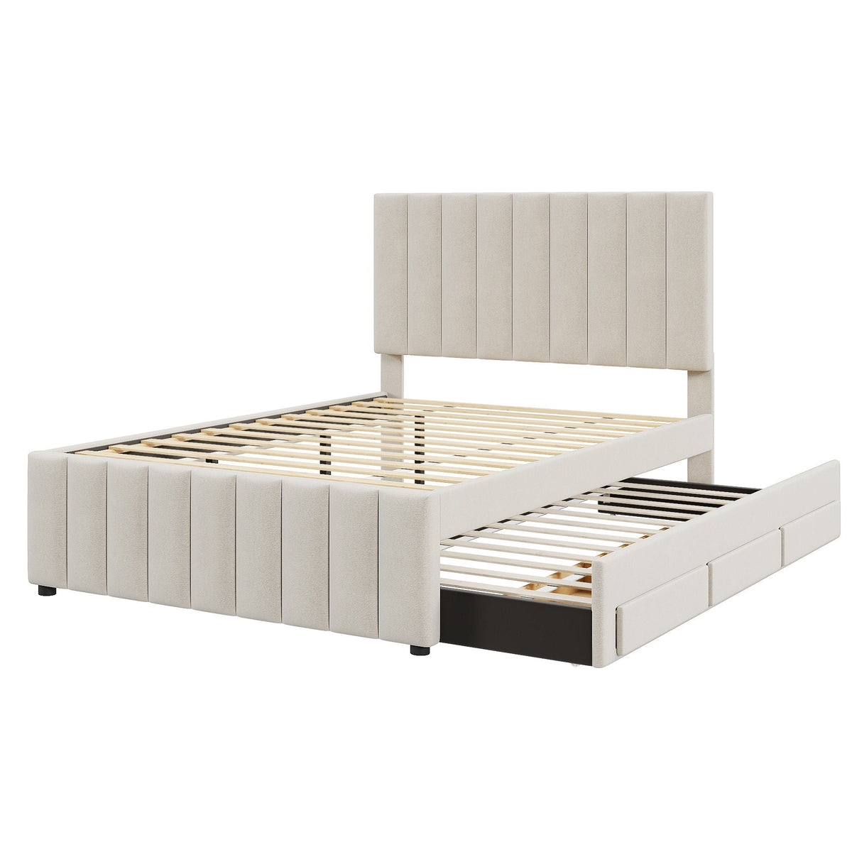Upholstered Platform Bed with Twin Size Trundle and 3 Drawers - Beige, Full