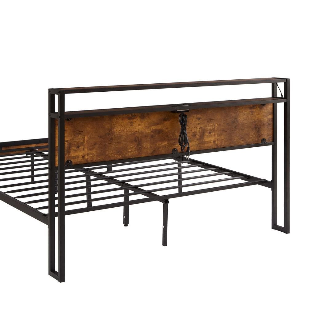 Metal Platform Bed Frame with Wooden Headboard and USB - Dark Brown