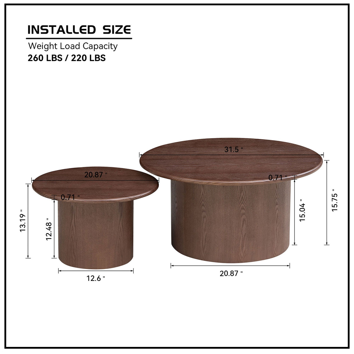 Modern MDF Round Coffee Table Set of 2 - Walnut Finish