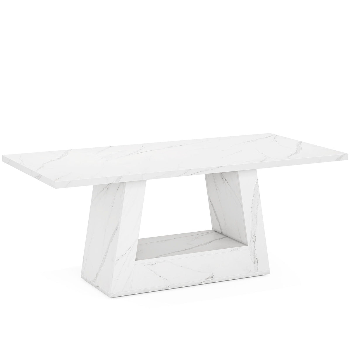 White Dining Table for 4–6 with Trapezoid Base - Faux Marble Finish