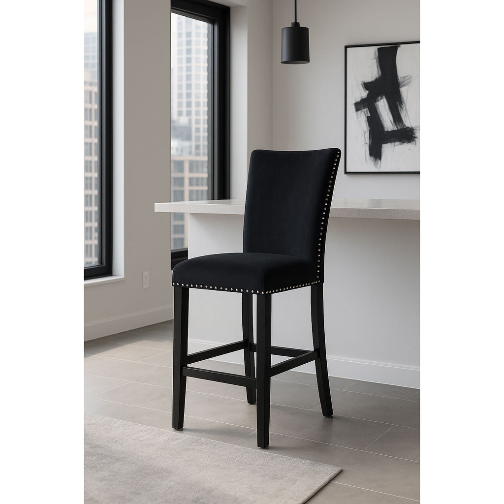 Black Bar Stool Set with Velvet Upholstery - Mikha (Set of 2)