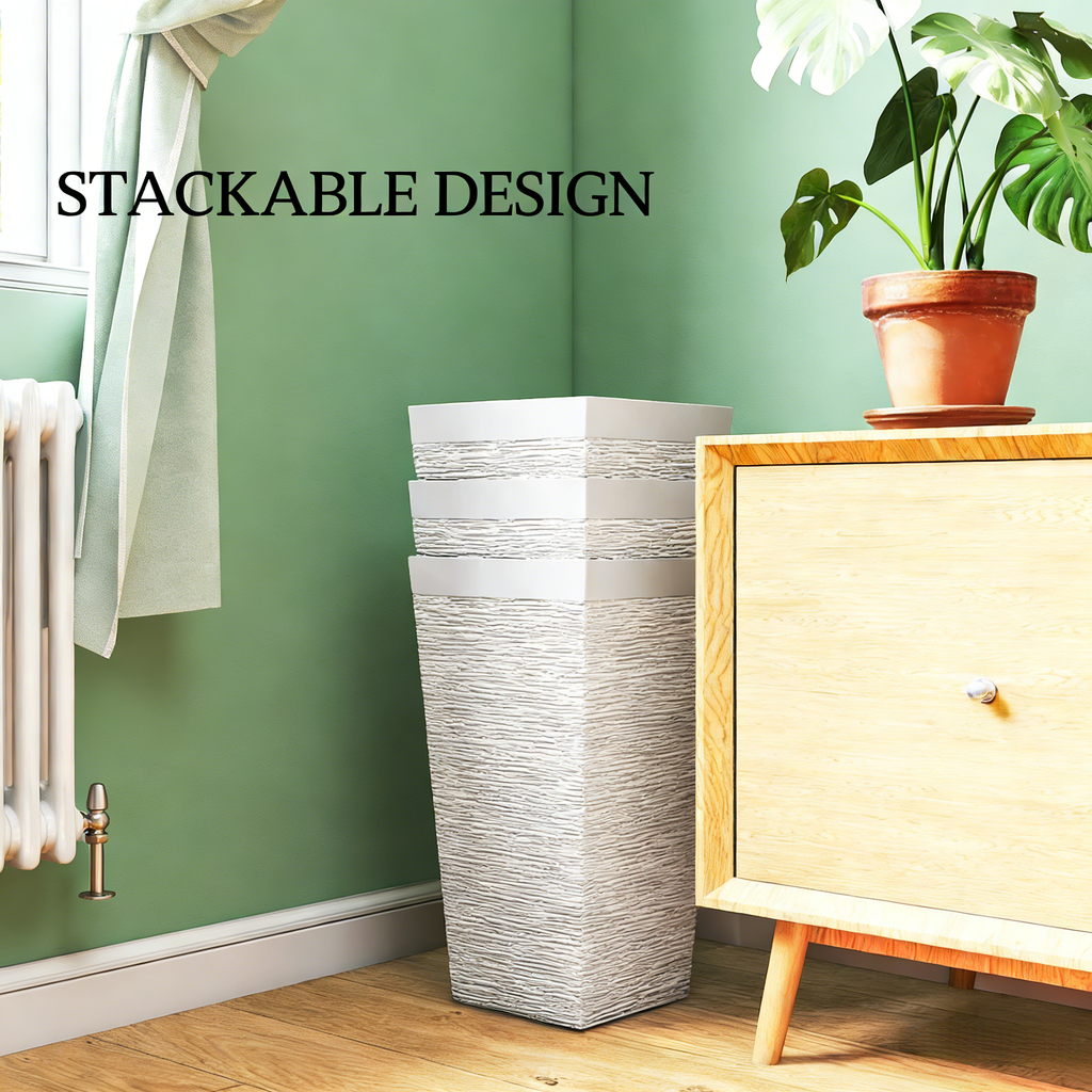 Stackable Tapered Planters Set of 3 with Wheels and Drainage - White Stone Look