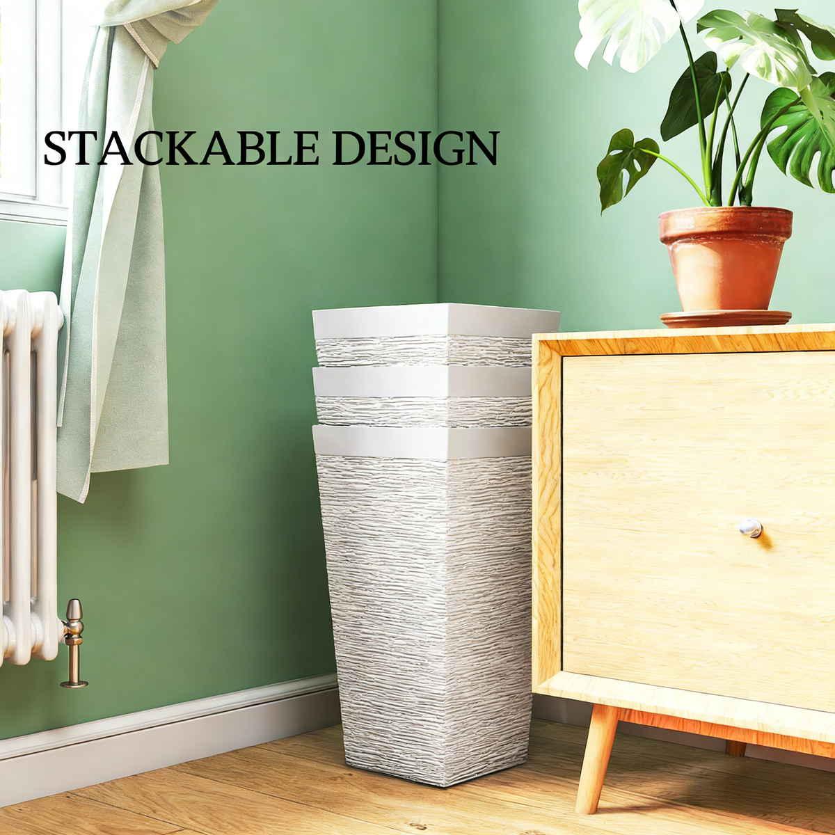Stackable Tapered Planters Set of 3 with Wheels and Drainage - White Stone Look