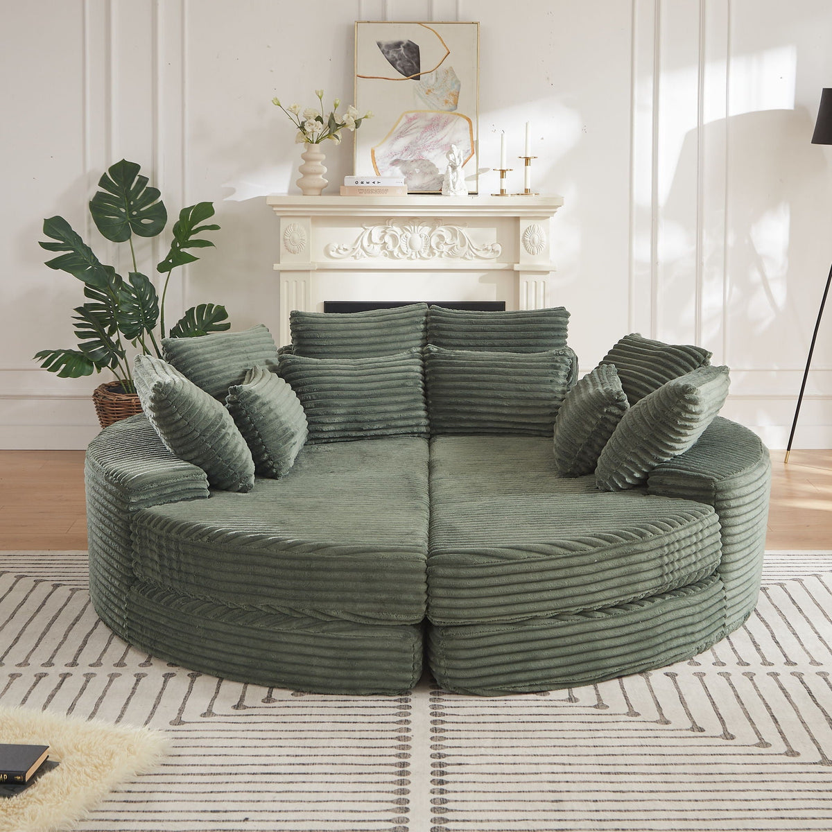 Round Oversized Sofa Bed with 5 Throw Pillows - Corduroy
