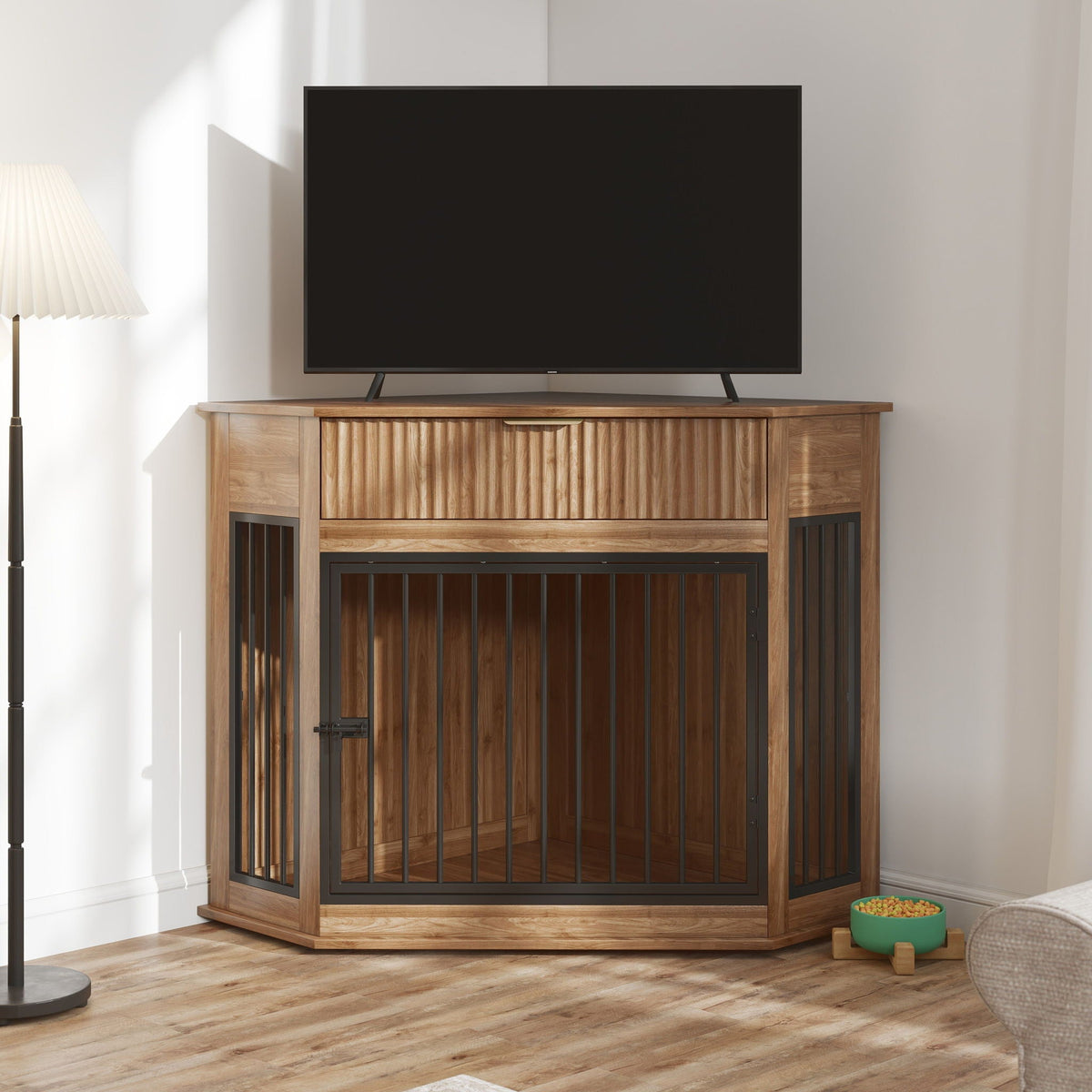 Corner Dog Crate with Fluted Drawer - White or Dark Brown
