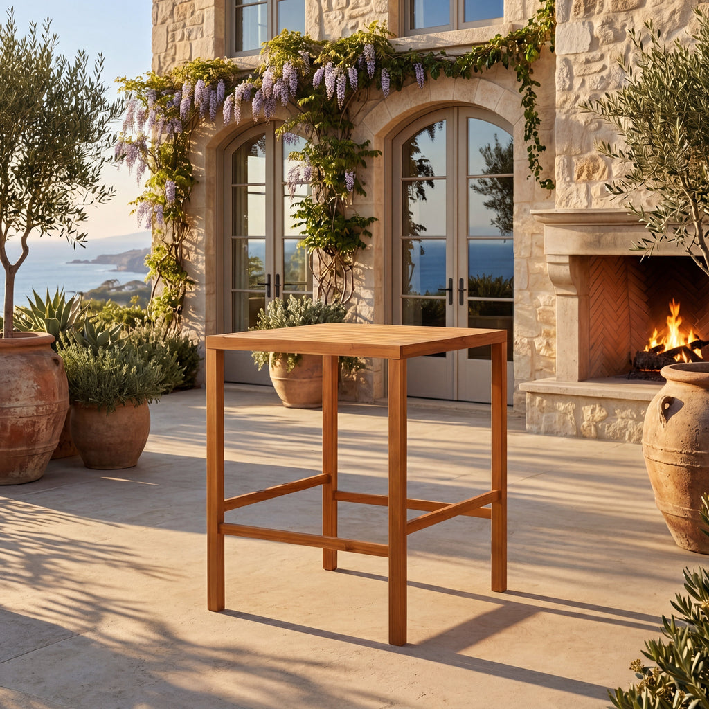 Teak Finish Acacia Solid Wood Outdoor Dining Table with Slatted Top - Teak