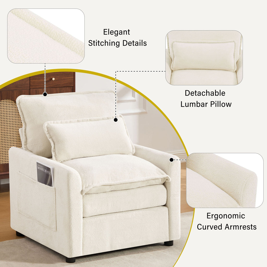 Modern Single Seat Accent Chair with Side Storage Pockets - Multiple Colors