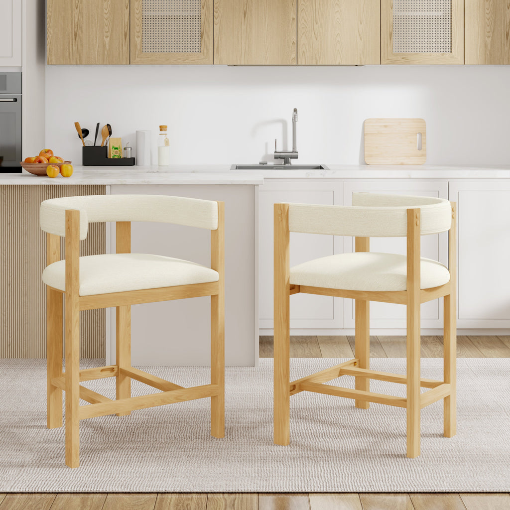 Counter Stool Set of 2 with Curved Solid Wood Backrest - Beige