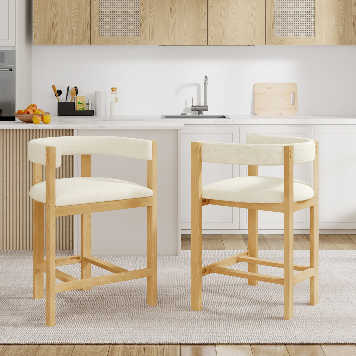 Counter Stool Set of 2 with Curved Solid Wood Backrest - Beige