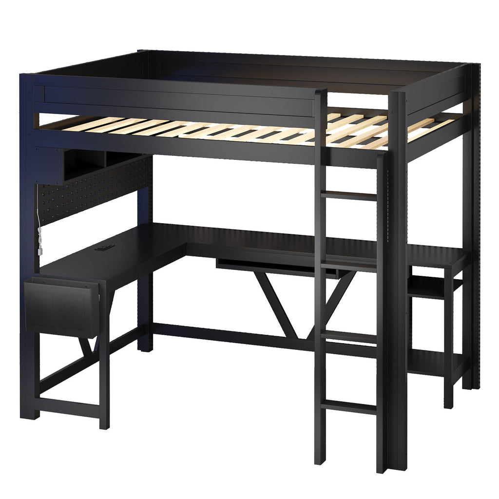 Gaming Loft Bed With Desk, Storage Shelves, LED and Charging Station - Full