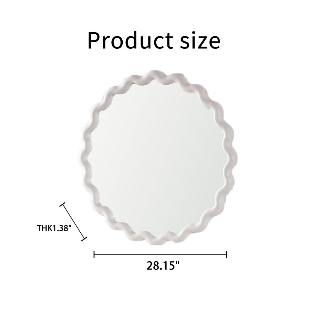 White Scalloped Round Wall Mirror with Decorative Wavy Frame - White