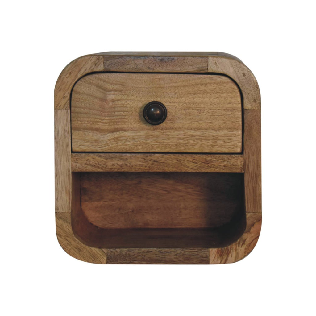 Extra Mini Curved Oak-ish Nightstand with Open Slot and Drawer - Solid Mango Wood