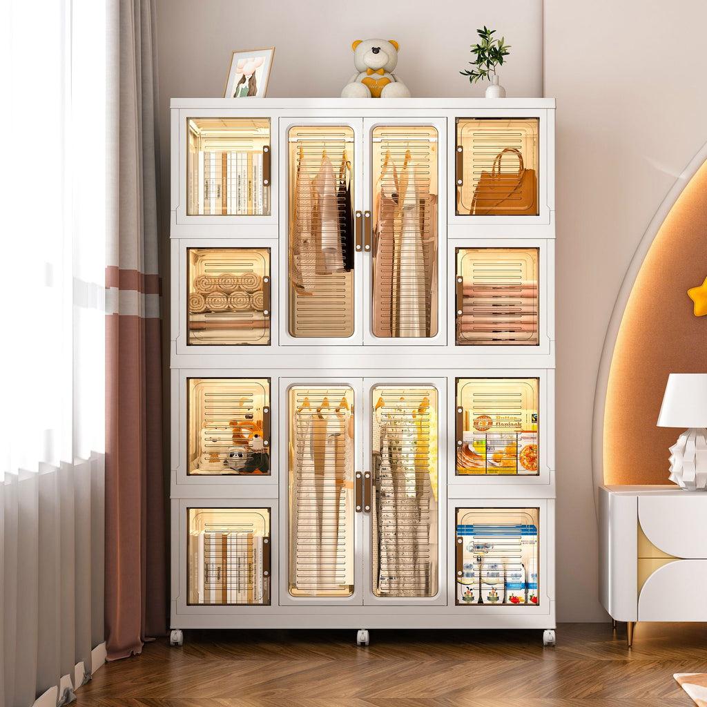 Portable Wardrobe Closet Storage Organizer with Magnetic Doors - White