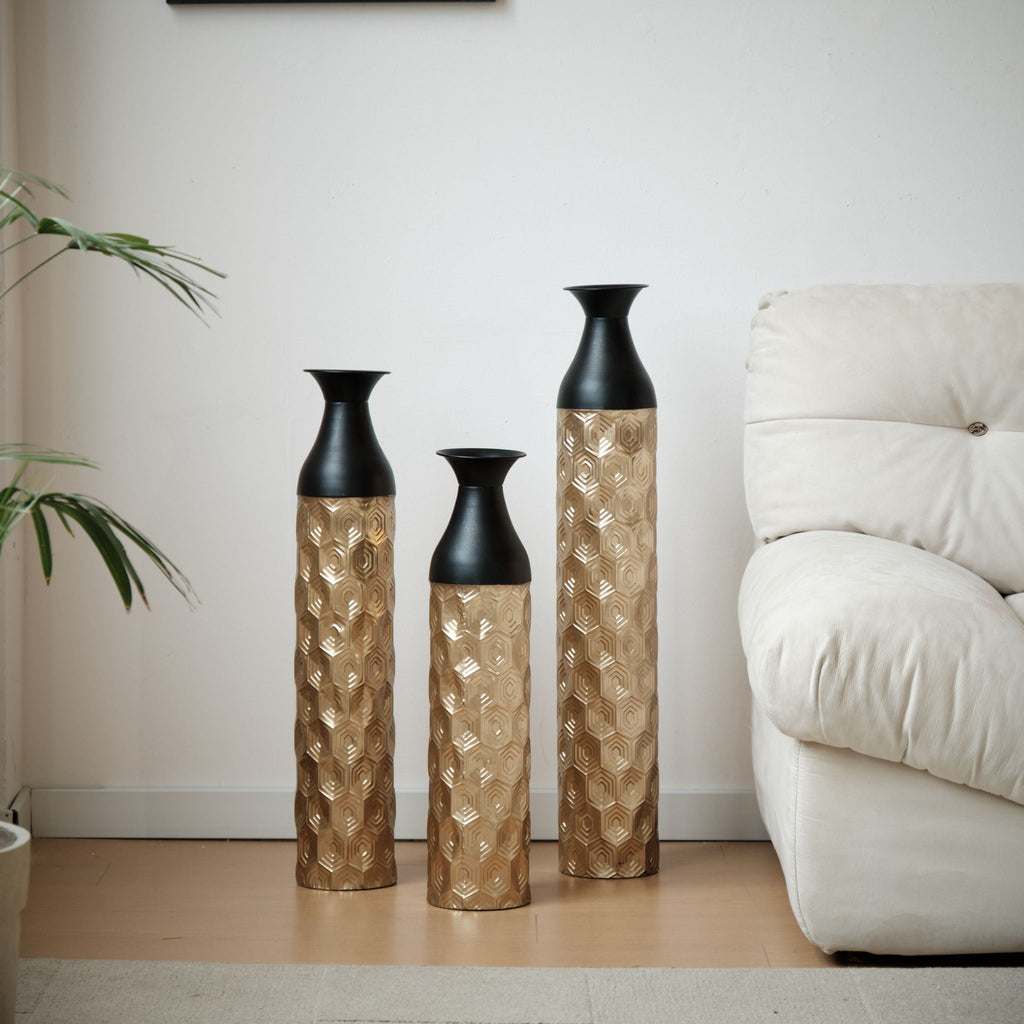 Black & Gold Floor Metal Vases with Durable Metal Construction - Set of 3