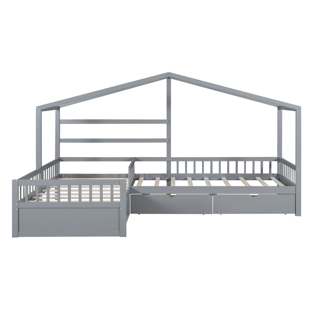 L Shape Twin Platform Bed with 3 Storage Drawers - Dark Gray or White