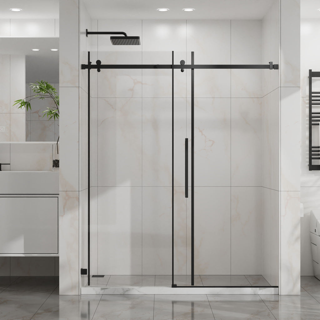 Frameless Tub Sliding Shower Door with Easy Clean Coating - Black or Pearl Silver