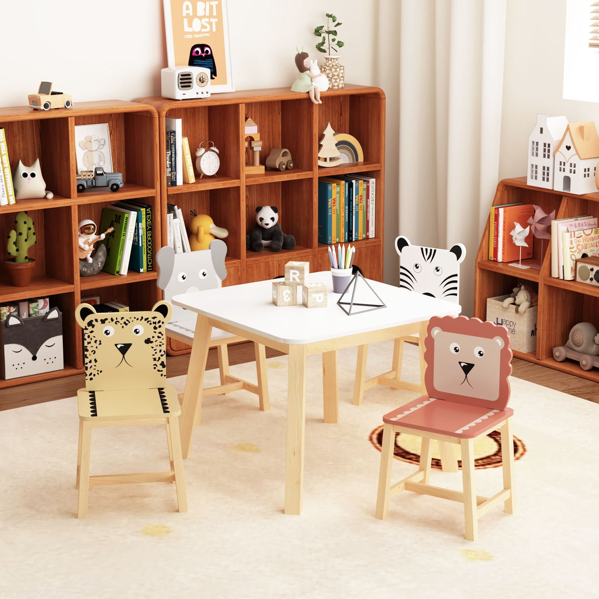 Kids Table and Chair Set with Cartoon Animals Design - White