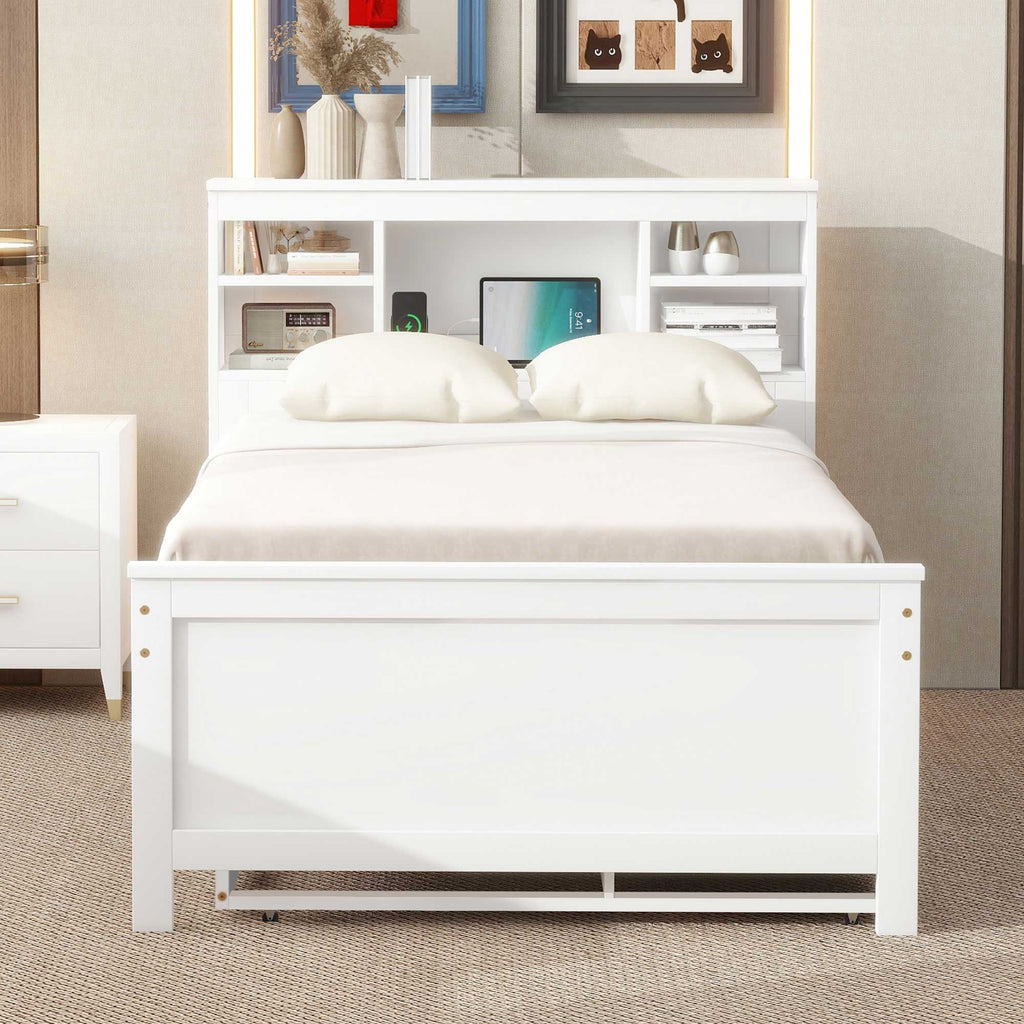 Platform Bed with Storage Headboard, USB, Trundle & 3 Drawers - Twin or Full