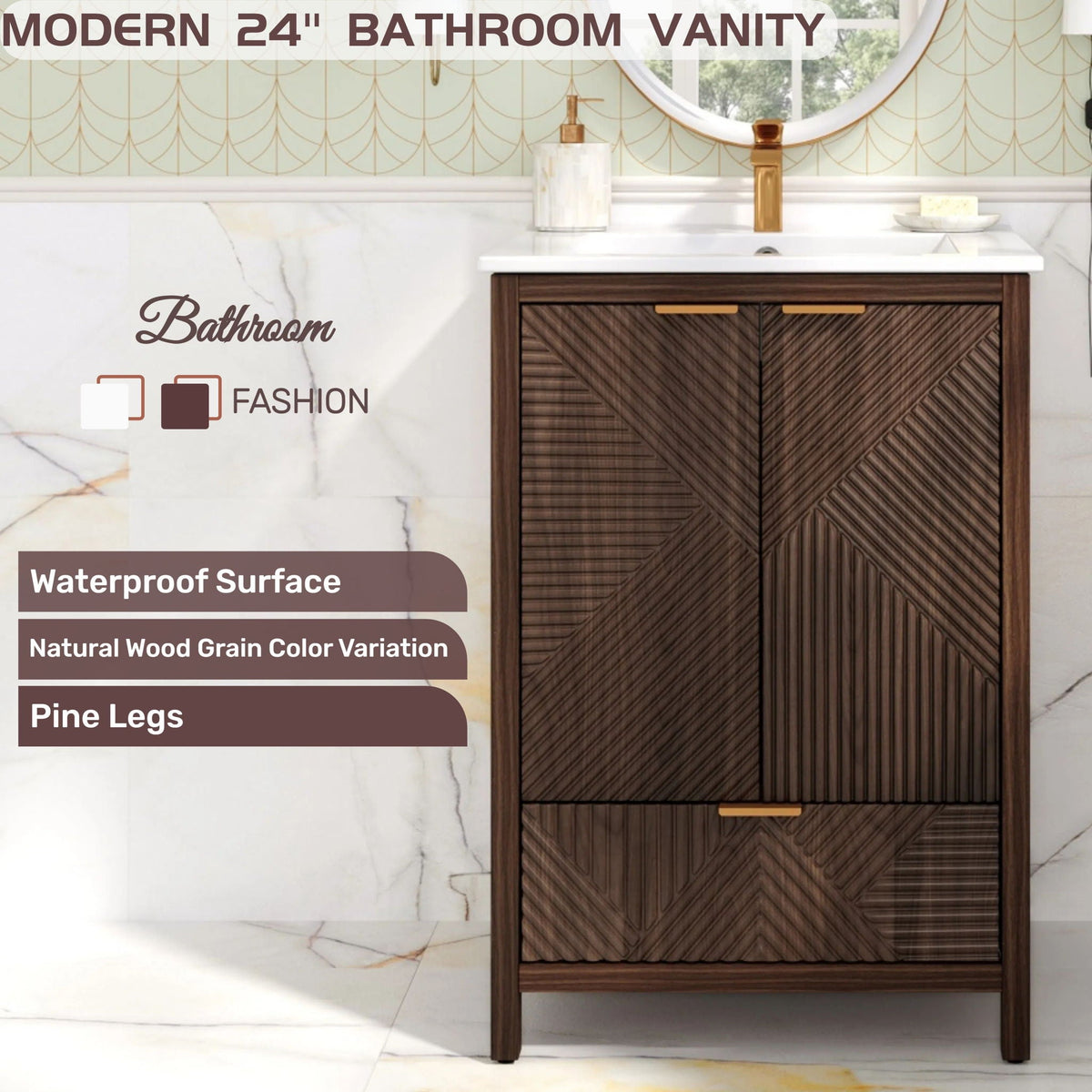 Modern Bathroom Vanity with Sink Combo – Compact Storage - Dark Brown or White