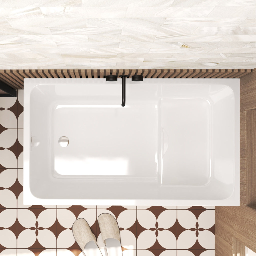 Gloss Freestanding Bathtub with Built-In Seat - White