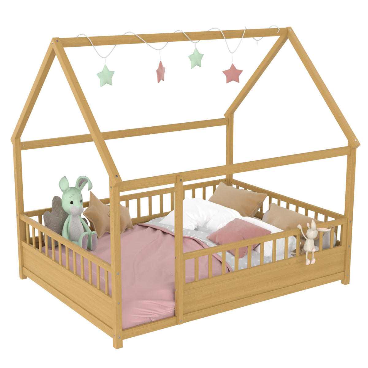 Full Size Wooden Bed with House Roof Frame - Natural