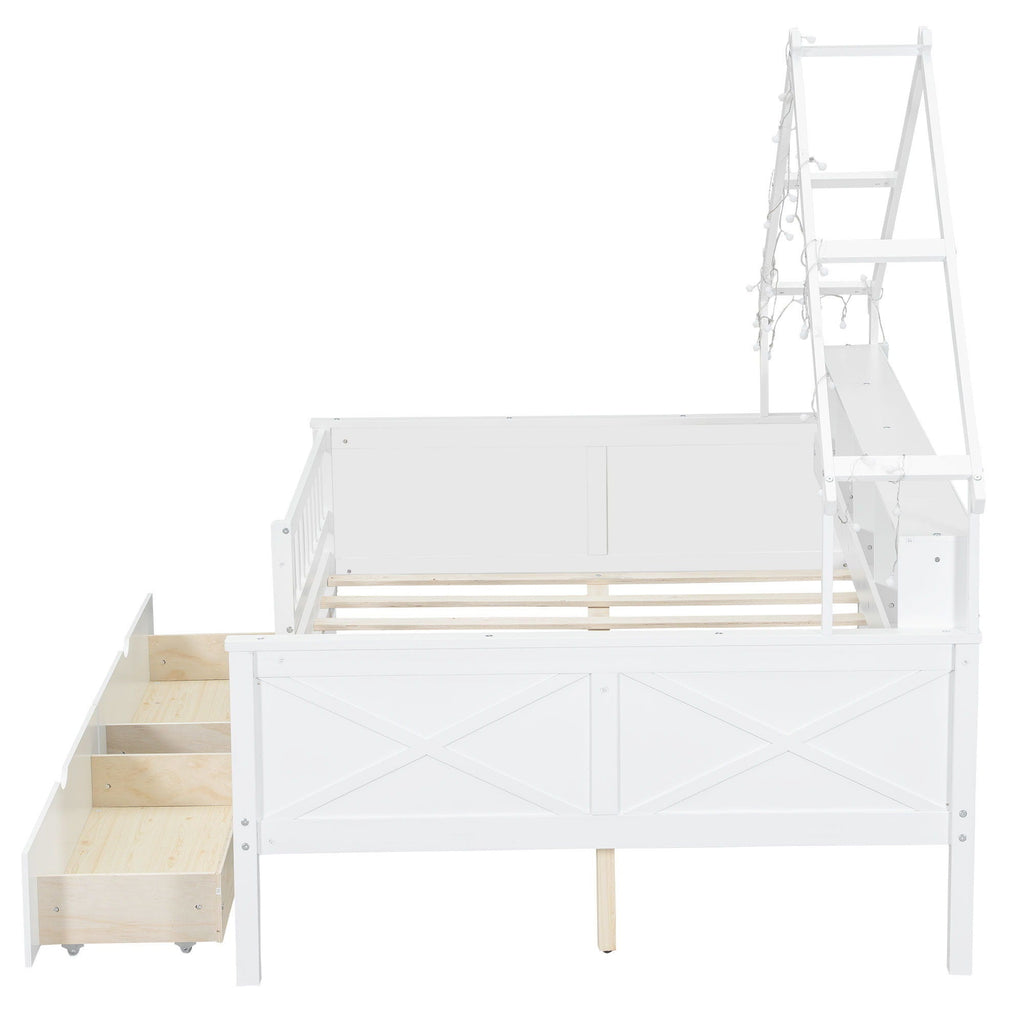 House Style Platform Bed With LED Lights, Storage Shelves, Drawers, And Guardrail