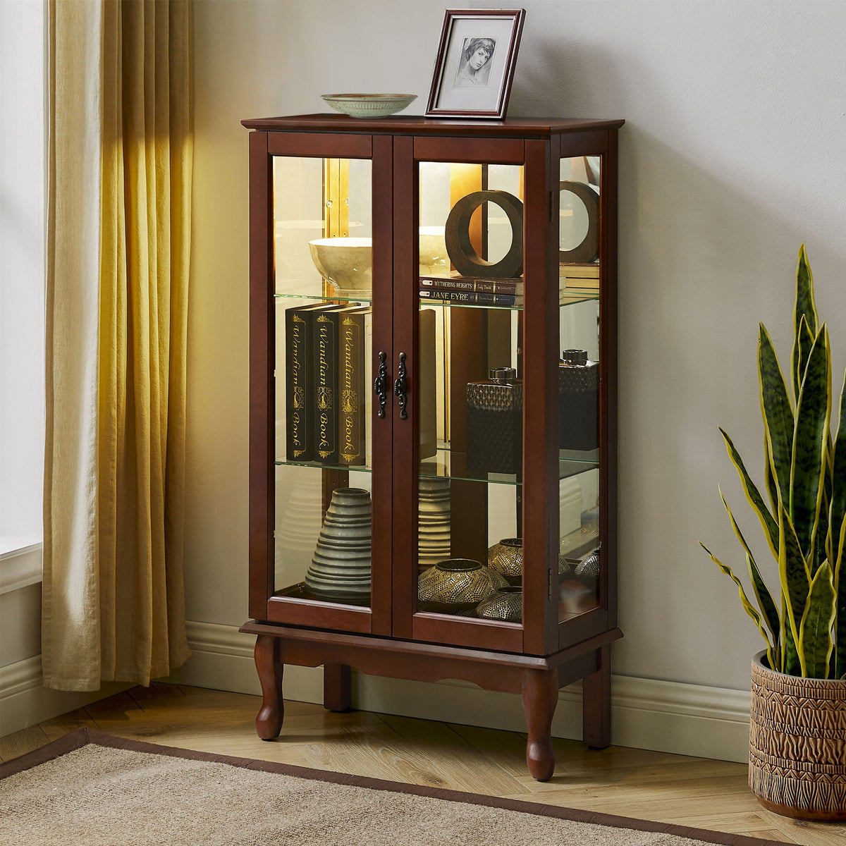 Lighted Curio Display Cabinet with Adjustable Shelves - Light Brown, Dark Brown, Dark Red